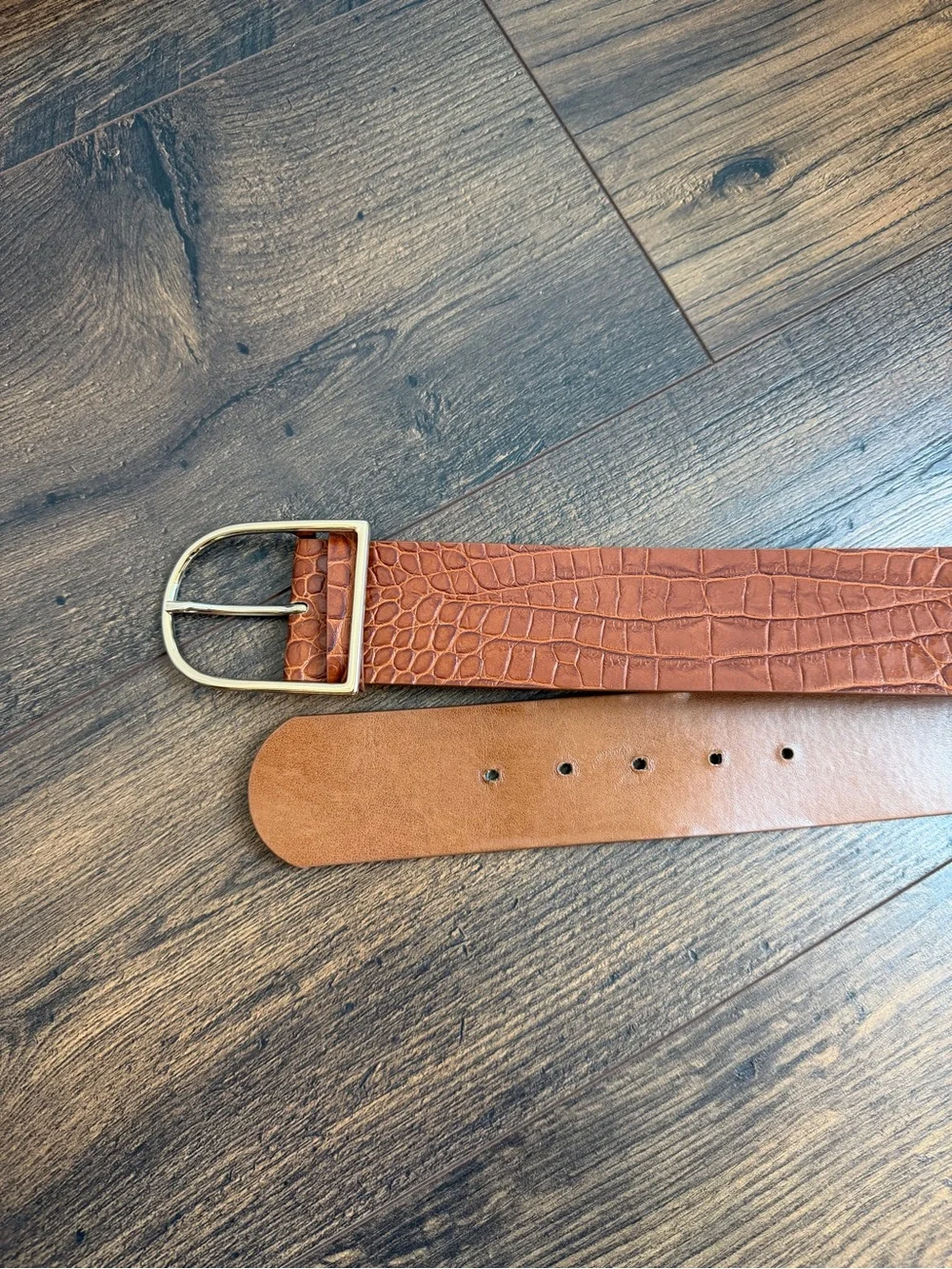REISS Women’s Isabelle Leather Crocodile Patterned Belt Brown Size Large